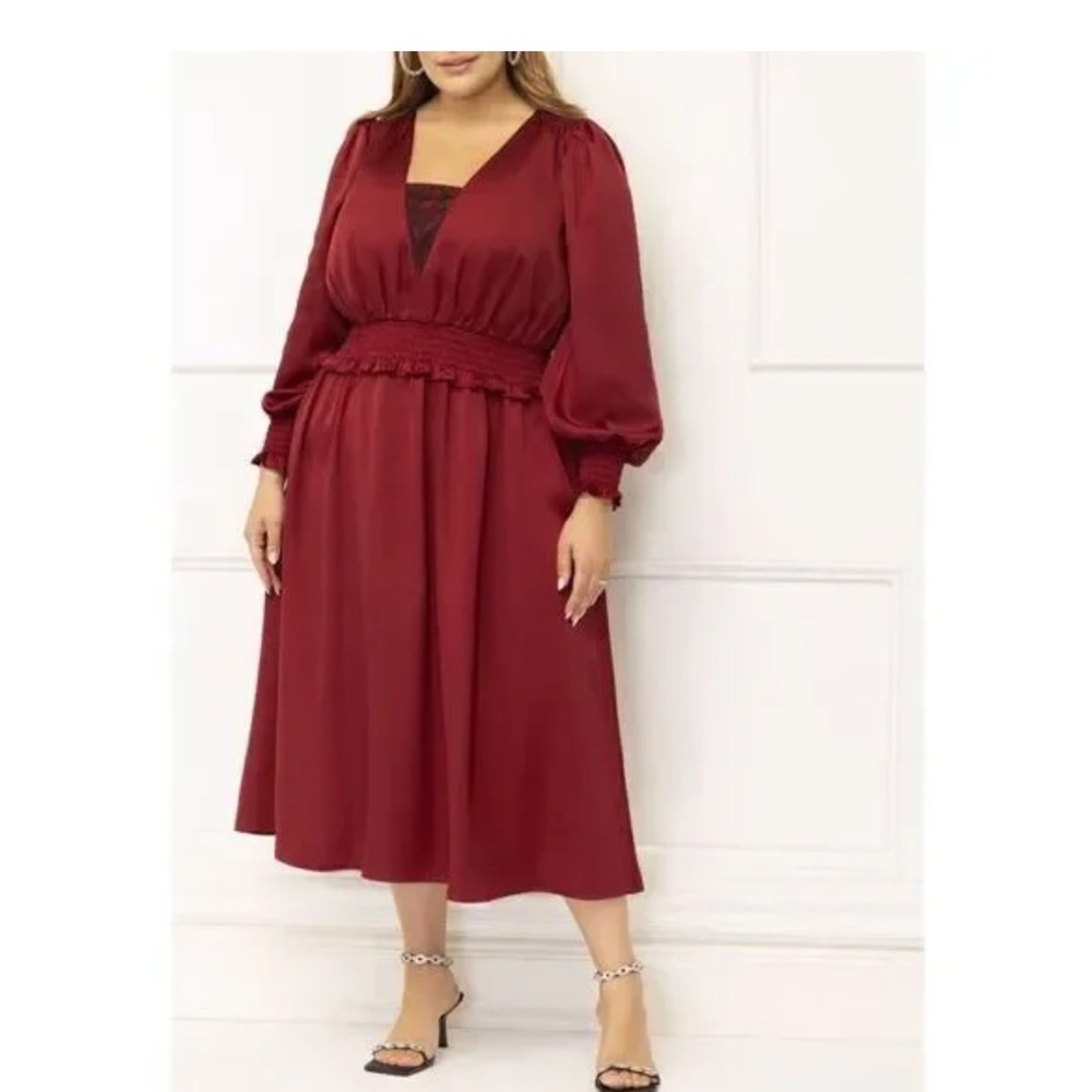 ELOQUII Elements Smocked Waist Satin Midi Dress Red Size 22